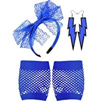 Los mejores  - Blulu Diadema de Encaje de los Años 80 Pendientes de Neon Guantes de Malla sin Dedos para Fiesta de los Años 1980 (Azul)